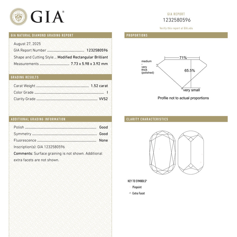1.52ct 7.73x5.98x3.92mm GIA VVS2 I Round Corner Rectangle Brilliant 27118-01