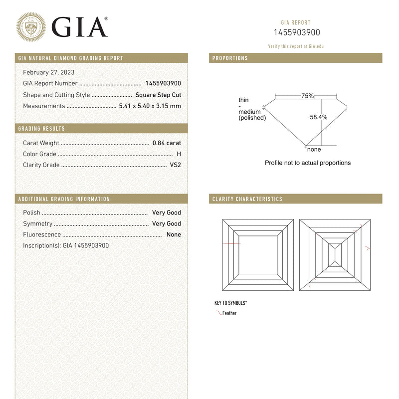 0.84ct 5.39x5.39x3.12mm GIA H VS2 Carré Step Cut 23034-01