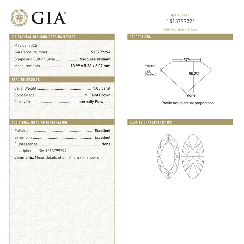 1.05ct 10.99x5.26x3.07mm GIA Internally Flawless M Marquise Brilliant 🇨🇦 27091-01