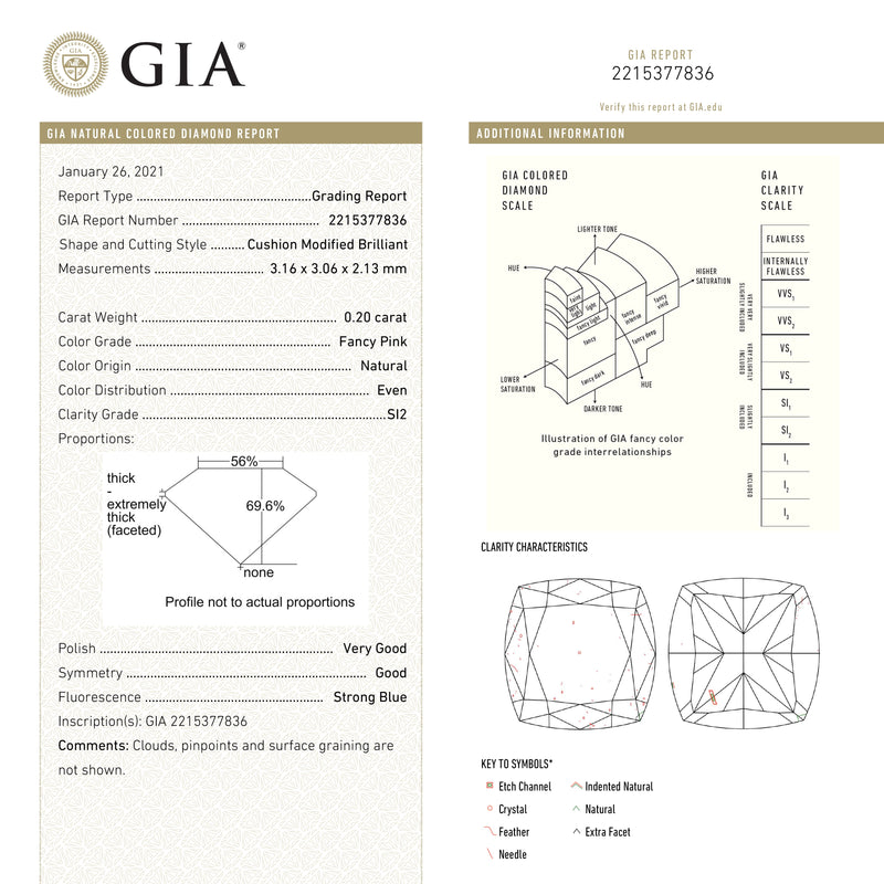 0.20ct 3.16x3.06x2.13mm GIA SI2 Fancy Pink Cushion Brilliant 🇦🇺 24099-01
