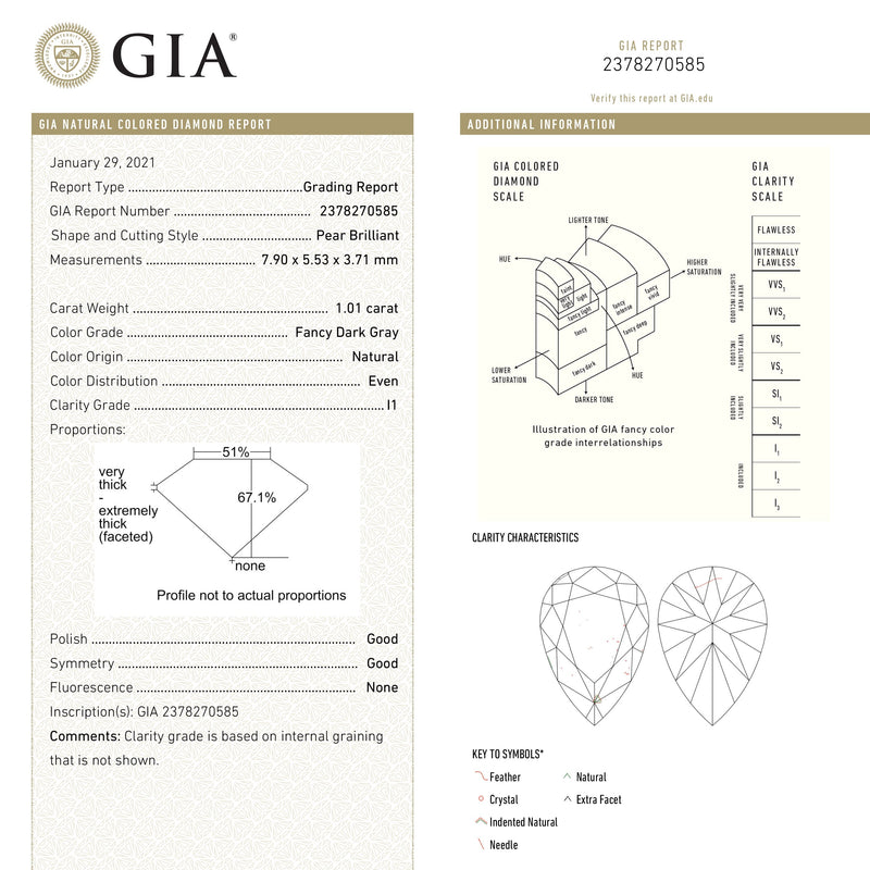 1.01ct 7.90x5.53x3.71mm GIA I1 Fancy Dark Grey Pear Brilliant 19544-01