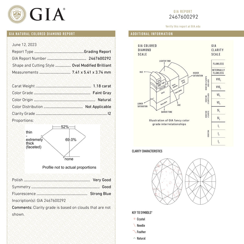1.18ct 7.41x5.41x3.74mm GIA I2 Faint Grey Oval Brilliant 23894-01