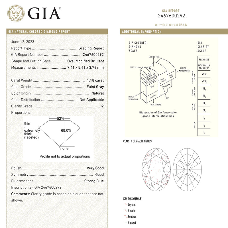 1.18ct 7.41x5.41x3.74mm GIA I2 Faint Grey Oval Brilliant 23894-01