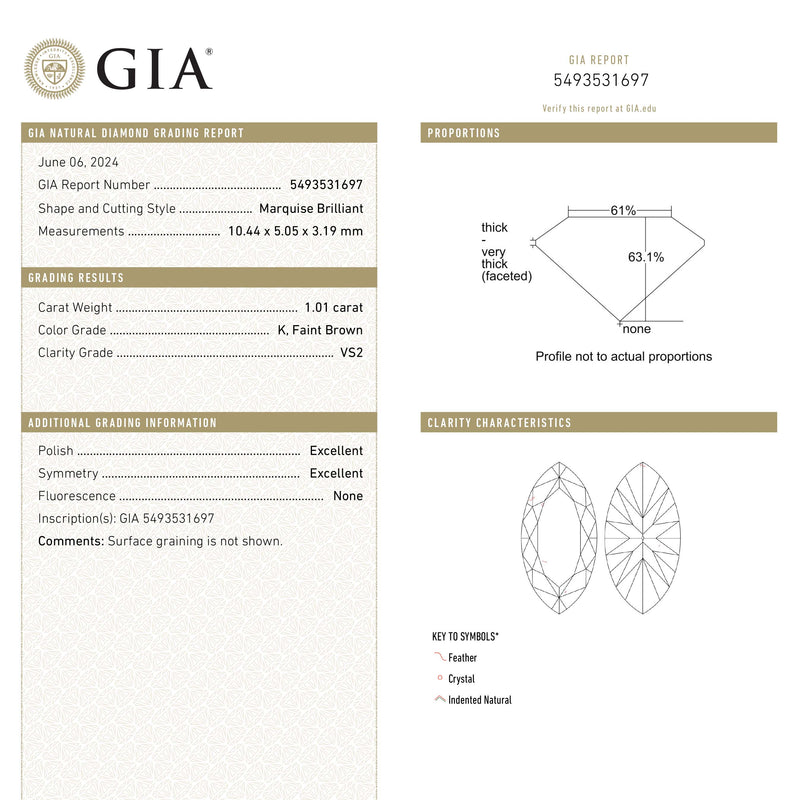 1.01ct 10.44x5.05x3.19mm GIA VS2 K Marquise Brilliant 🇨🇦 25106-01