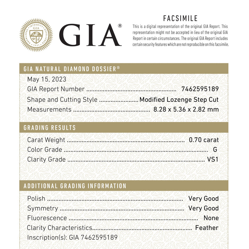 0.70ct 8.28x5.36x2.82mm GIA VS1 G Lozenge Step Cut 26746-01