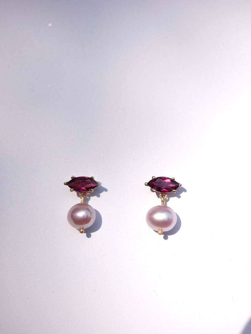 Marquise Garnet & Pearl Studs