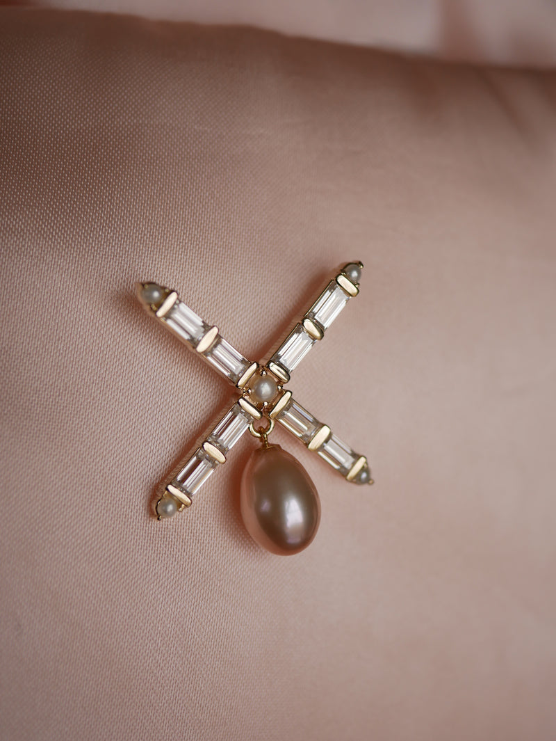 Baguette & Pearl Crest Brooch
