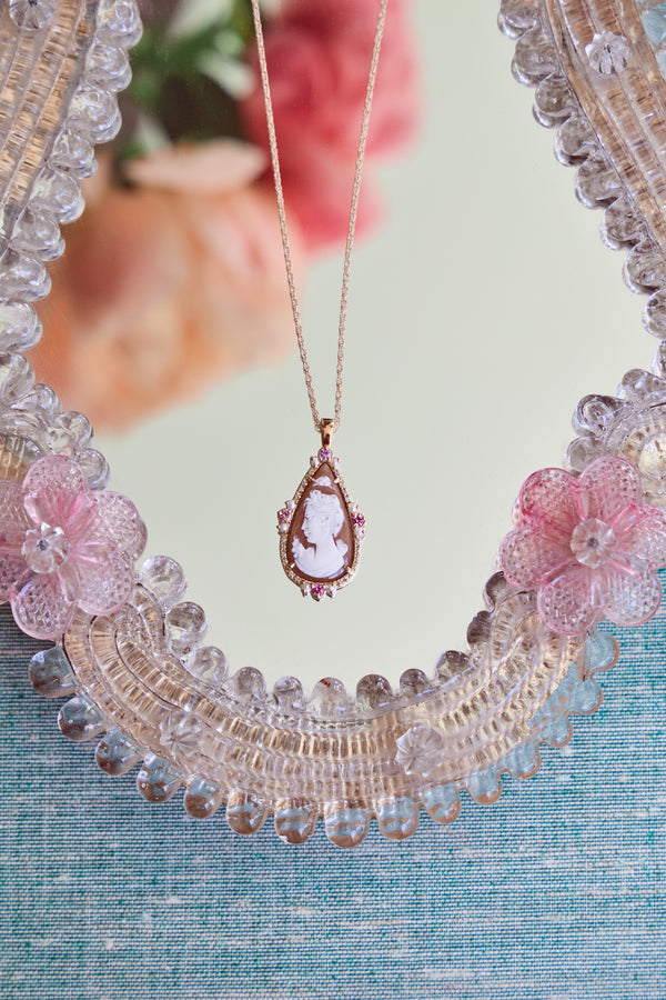 Pink Sapphire & Pearl Cameo Necklace
