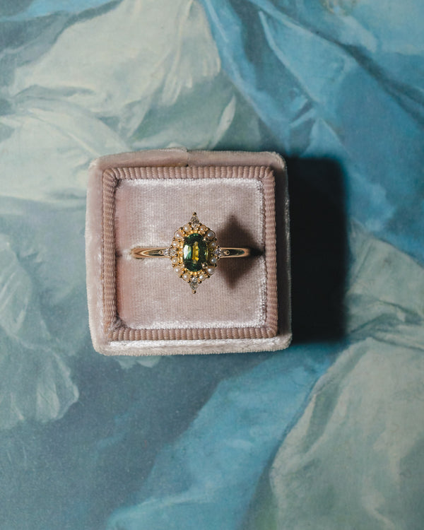 Green Sapphire & Pearl Halo Ring