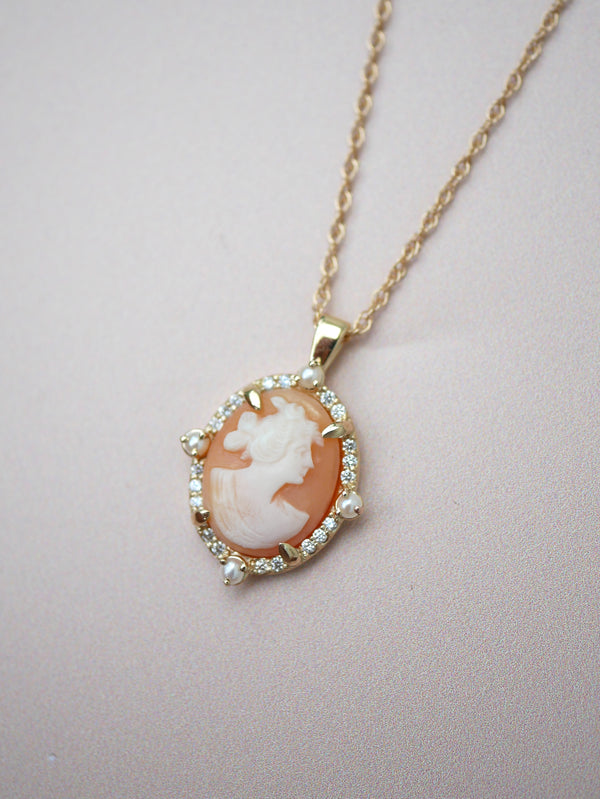 Diamond & Pearl Antique Cameo Necklace