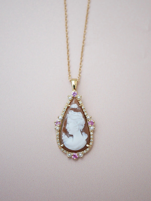 Pink Sapphire & Pearl Cameo Necklace