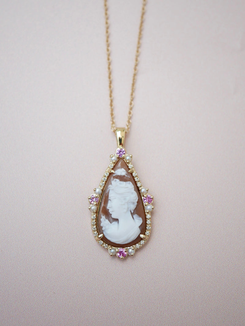 Pink Sapphire & Pearl Cameo Necklace
