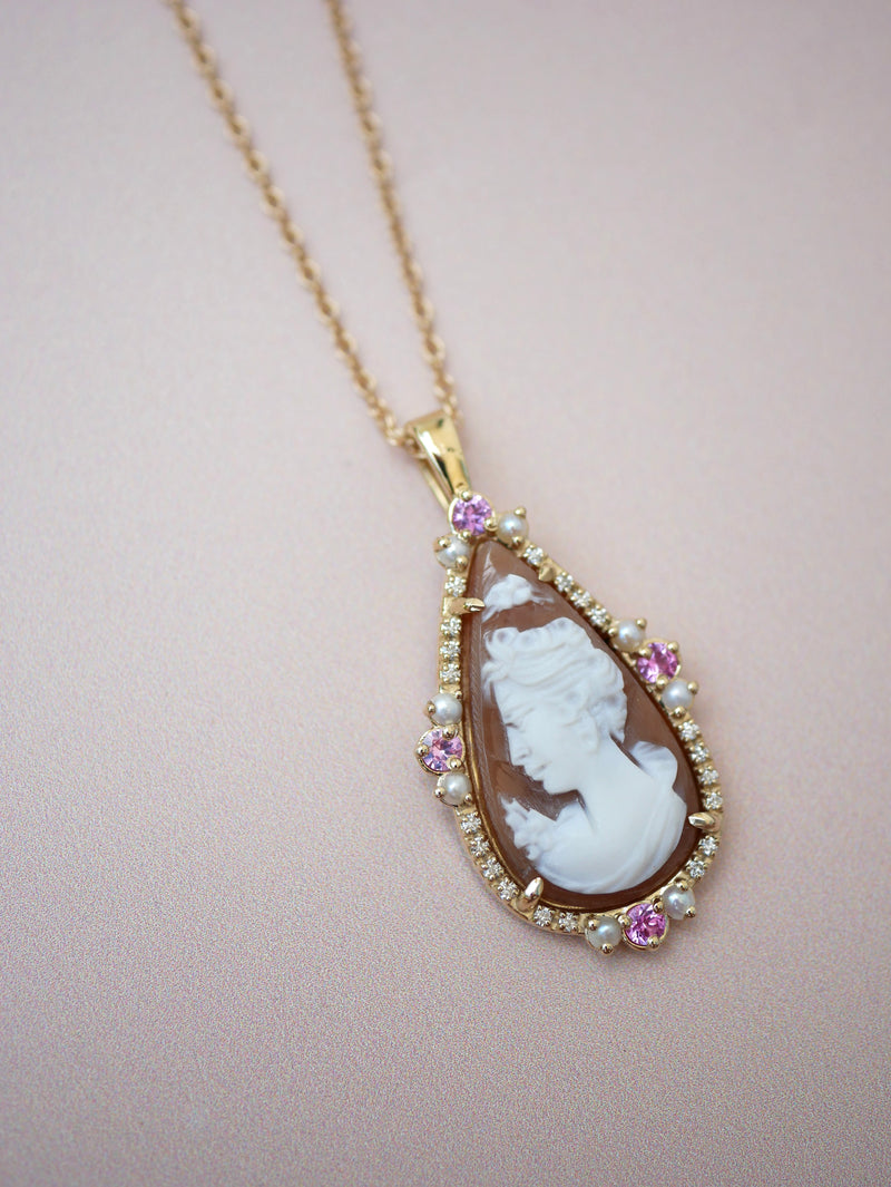 Pink Sapphire & Pearl Cameo Necklace