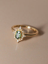 Green Sapphire & Pearl Halo Ring