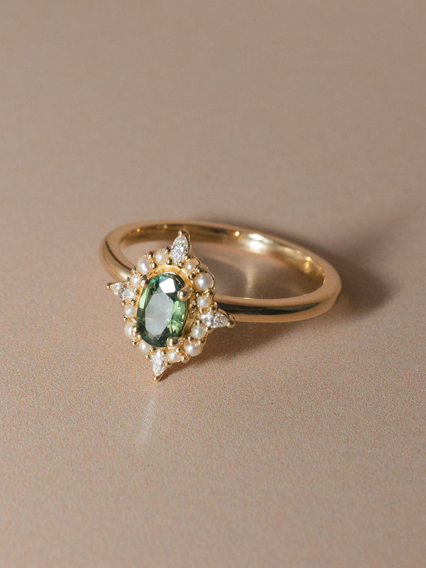 Green Sapphire & Pearl Halo Ring