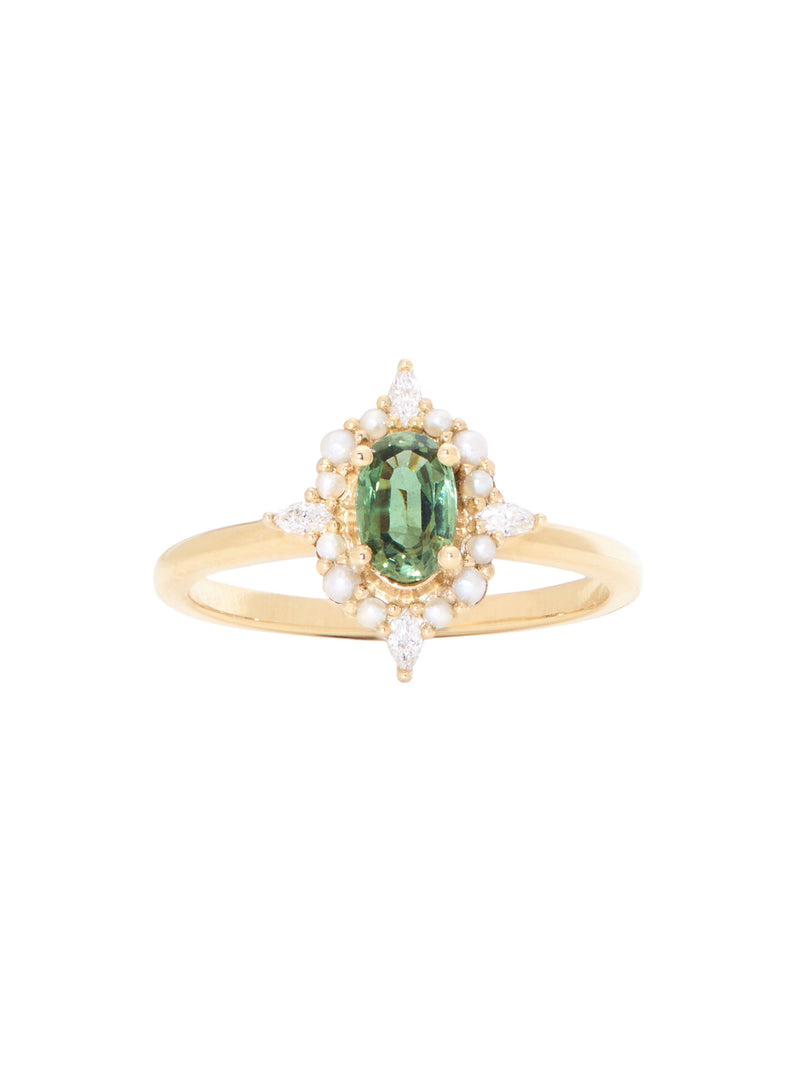 Green Sapphire & Pearl Halo Ring