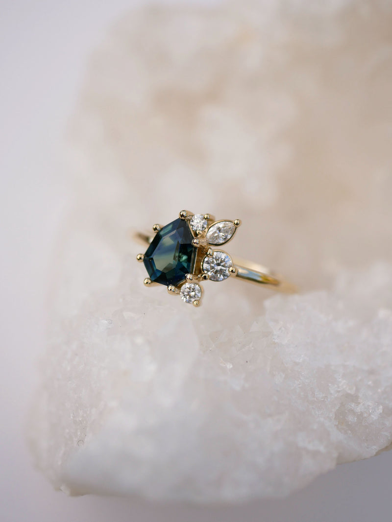 Teal Shield Sapphire Cluster Ring